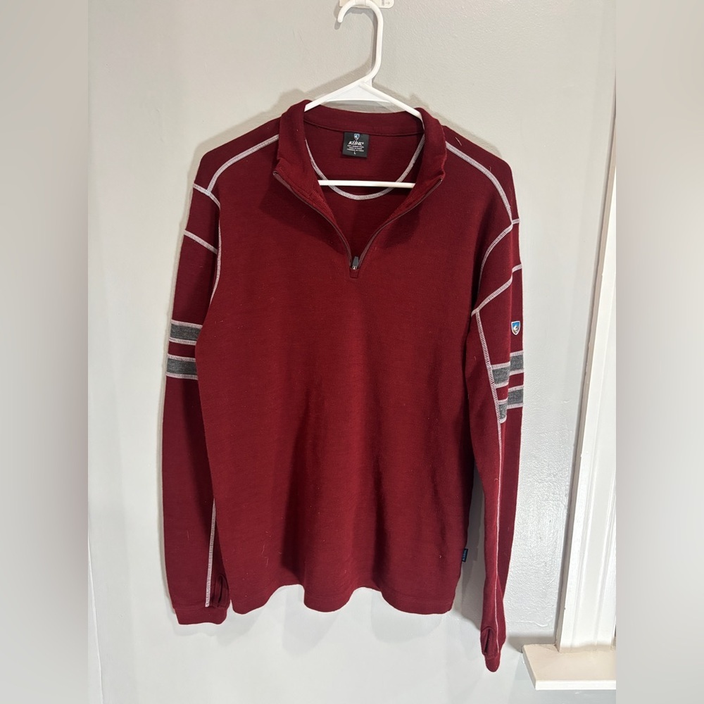 Kühl Sweater Quarter Zip 100% Merino Wool Large Red Stripes Outdoor